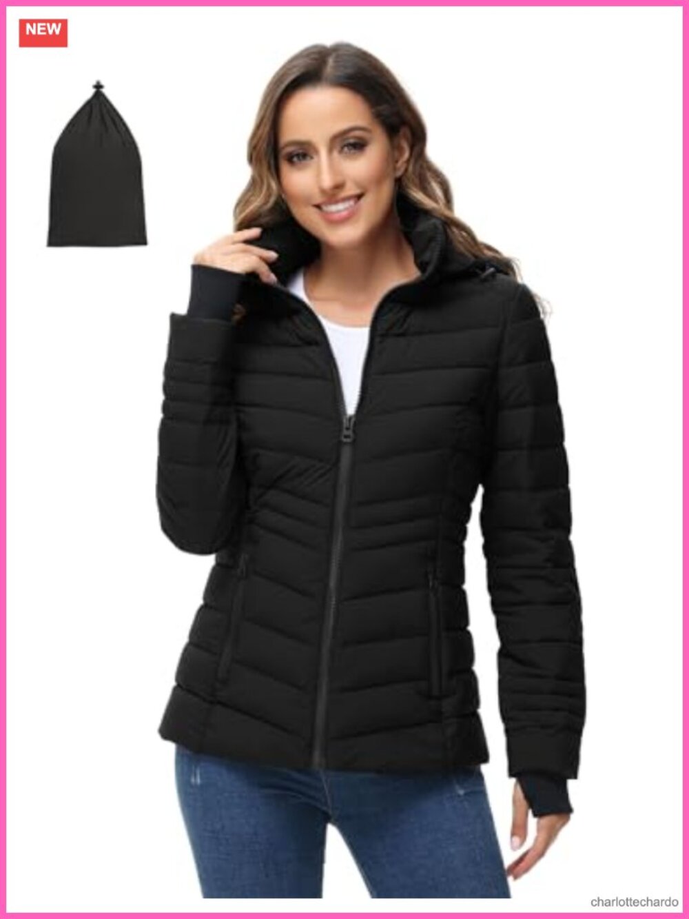 Women's Packable Lightweight Puffer Jacket with Hood - Down Alternative